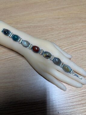 Sterling Multi-Stone Genuine Vintage Agate Gemstone Bracelet - Multicolor